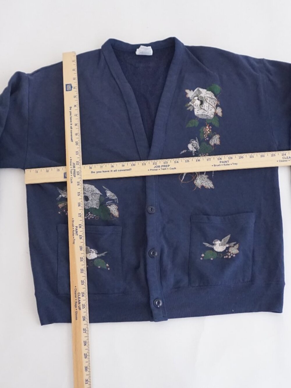 Vintage Jerzees Navy Bird Floral Embroidered Cottagecore Button Cardigan OSFM - Picture 3 of 9